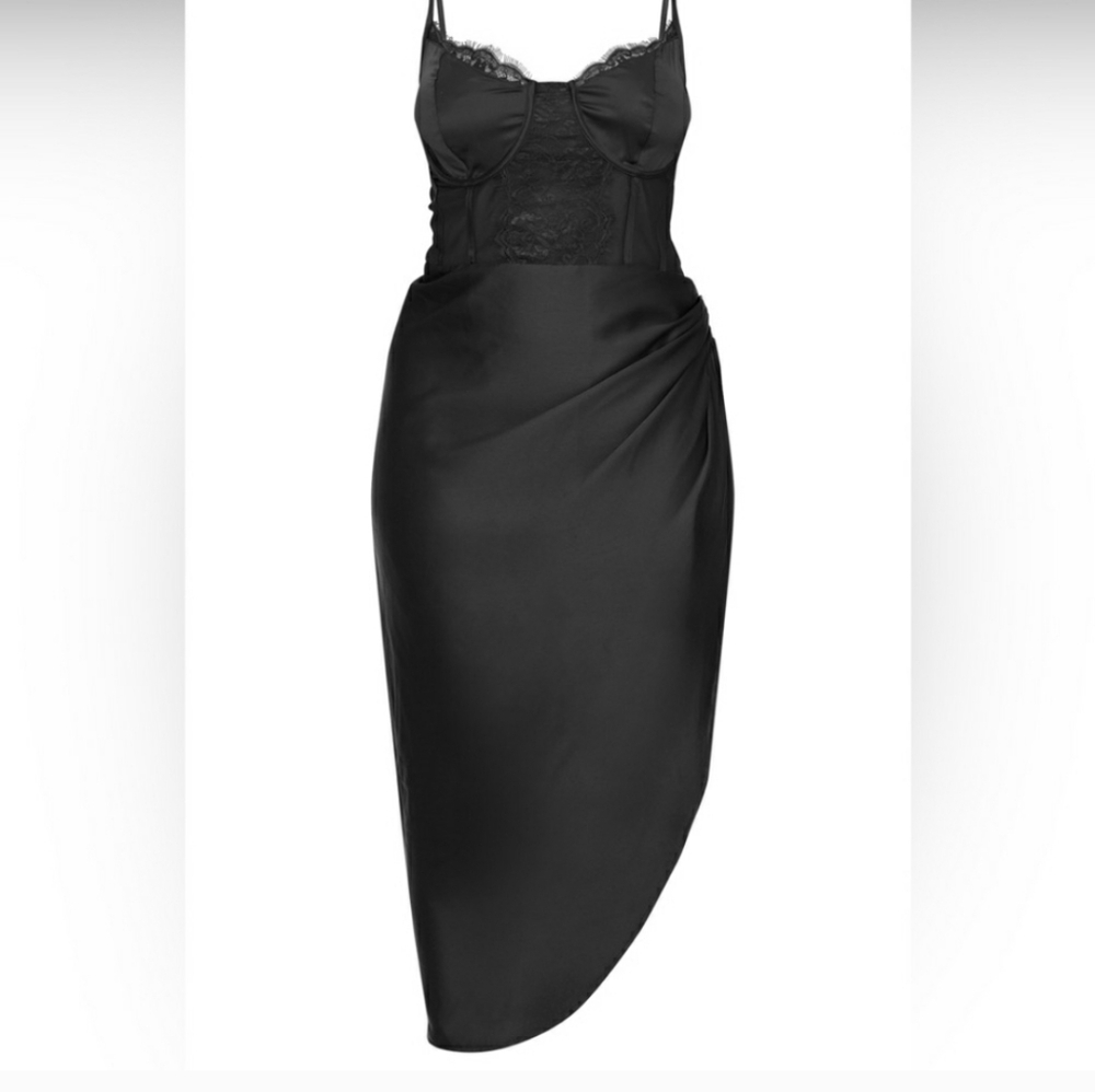 PrettyLittleThing NWT 26 Plus Size Black Satin Lace Bustier Sexy Slit Midi Dress - Picture 4 of 13